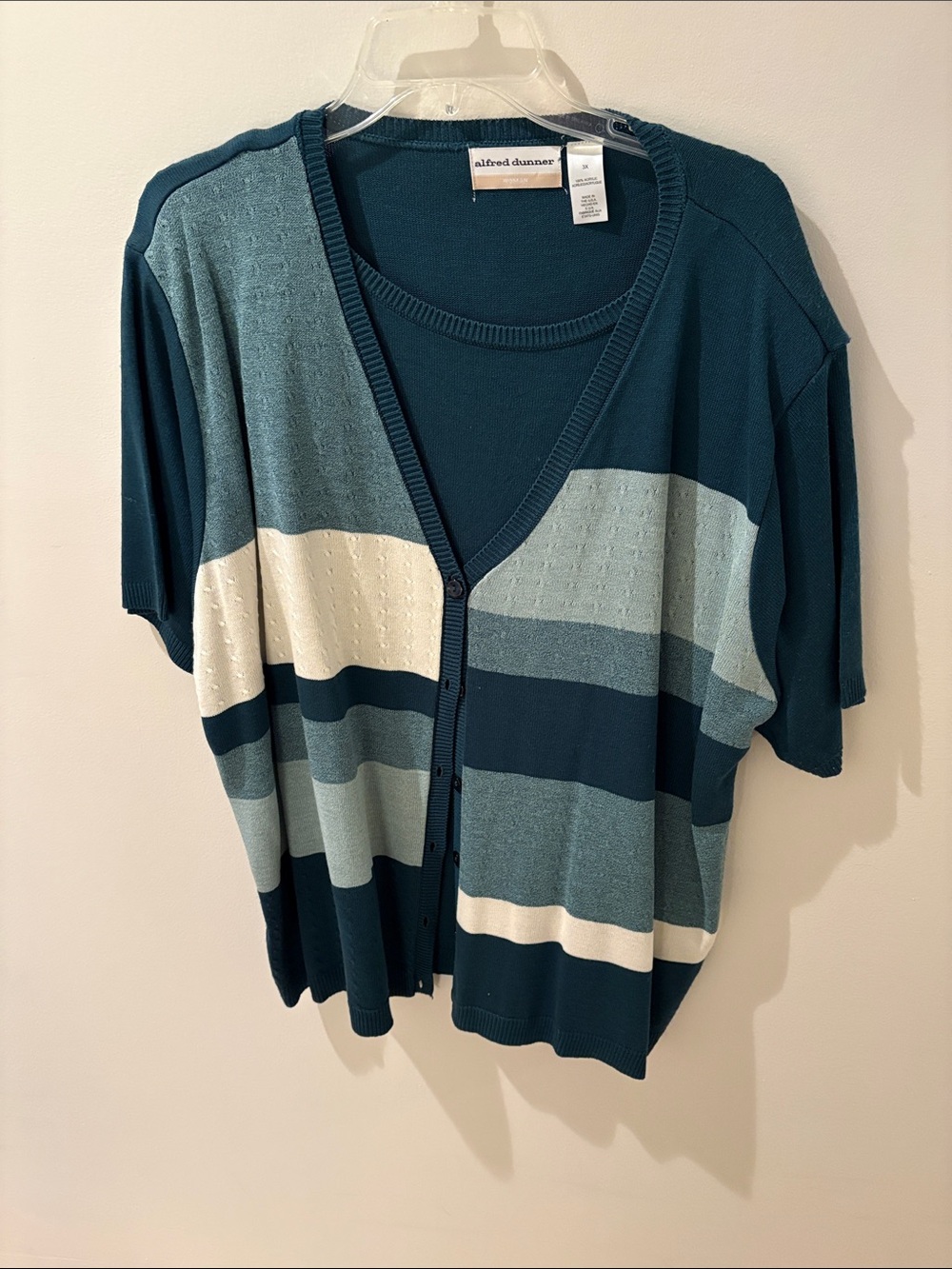 Alfred Dunner Teal & Ivory Striped Short-Sleeve Button Cardigan